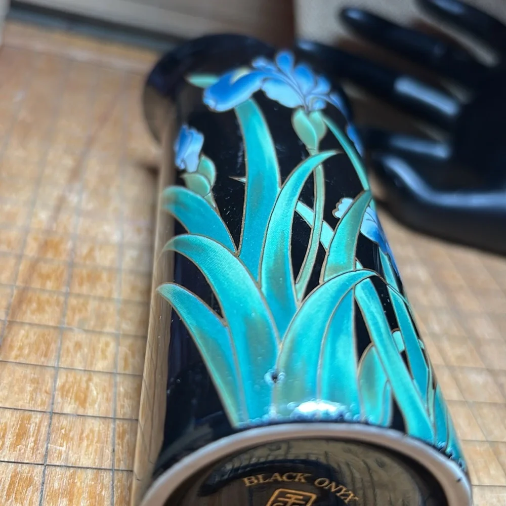 Black Onyx San Francisco Black Ceramic Vase w Blue Iris Design GUC 6”Hx2 5/8”D - Picture 16 of 17